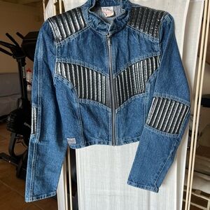 Vintage Blue and Black Jean Jacket with Striped Accents